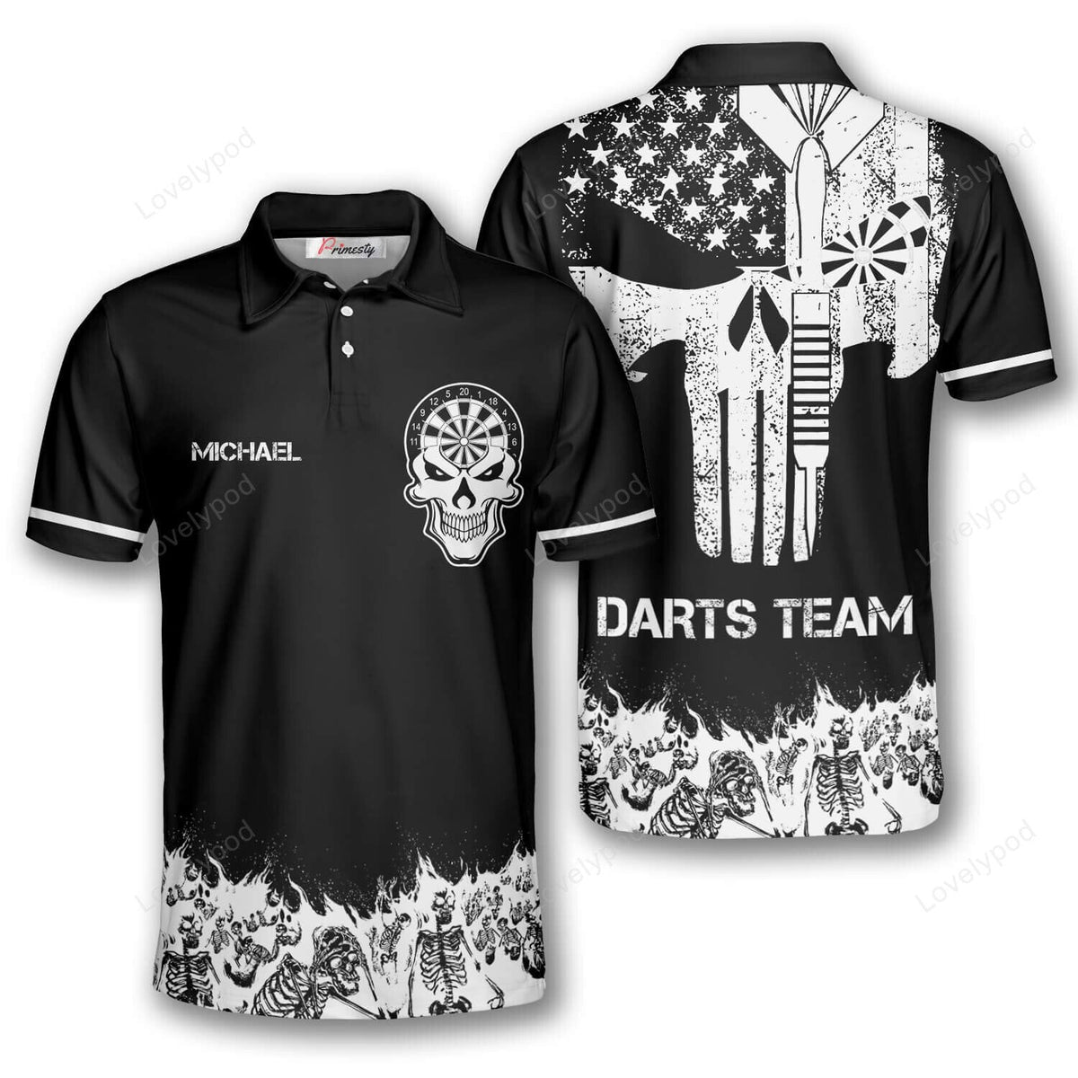 Skull Skeletons Black White Version and Personalized Darts Button Polo