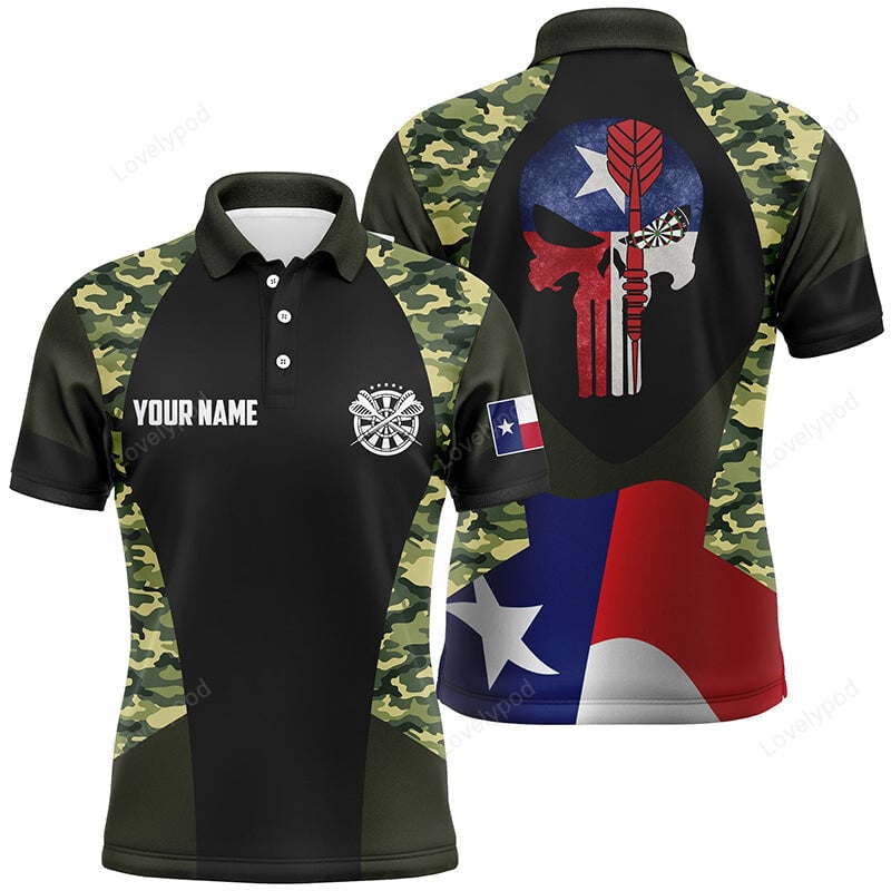 Camouflage Skull Texas Flag Personalized Darts Button Polo