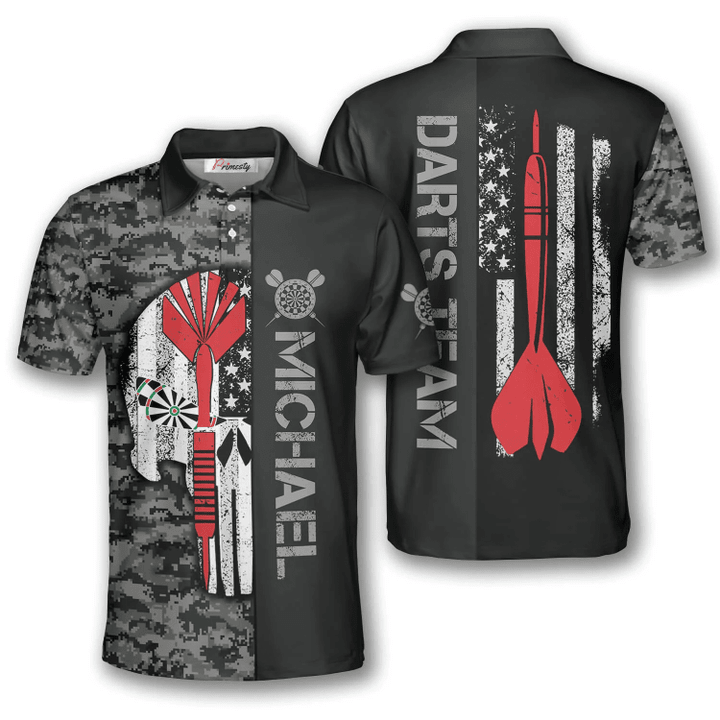 Skull Black Grey Camouflage Flag and Personalized Darts Button Polo