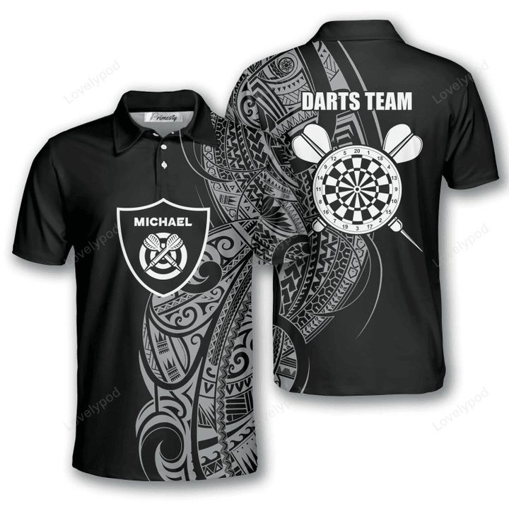 Shield Black White Tribal Tattoo and Personalized Darts Button Polo