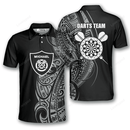 Shield Black White Tribal Tattoo and Personalized Darts Button Polo