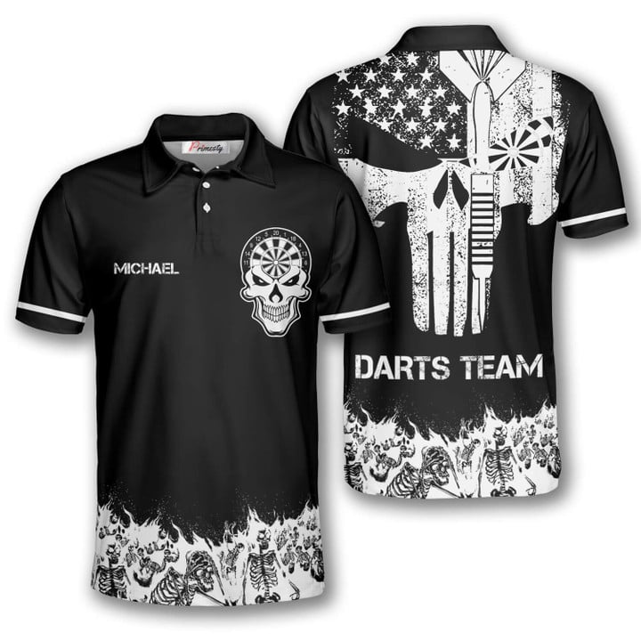 Skull Skeletons Black White and Personalized Darts Button Polo