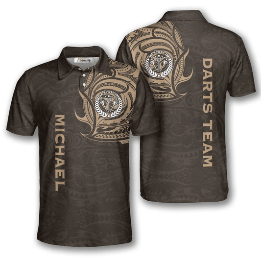 Brown Polynesian Tribal and Personalized Darts Button Polo
