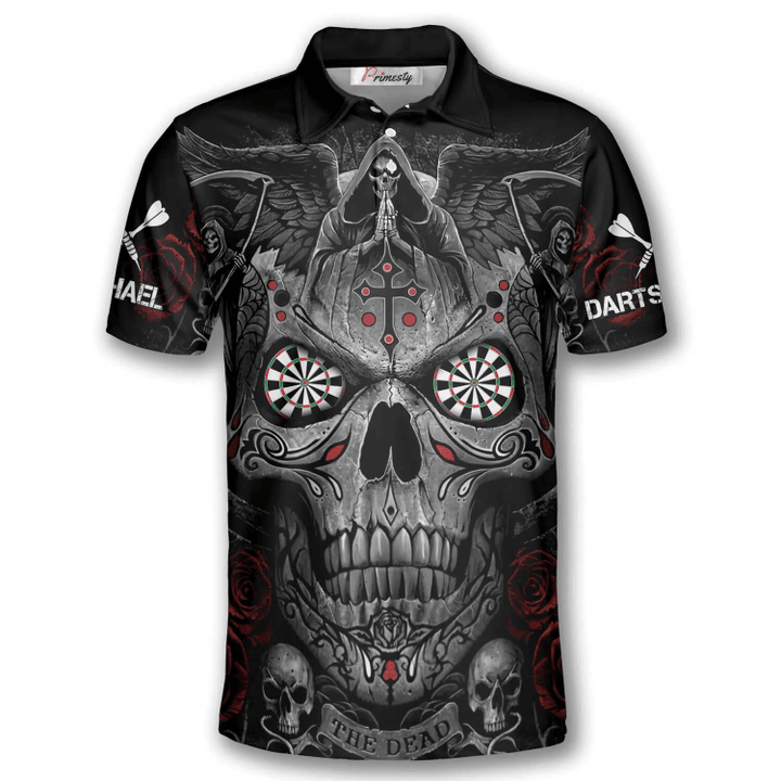 Grim Reaper Praying Cross Skull and Personalized Darts Button Polo