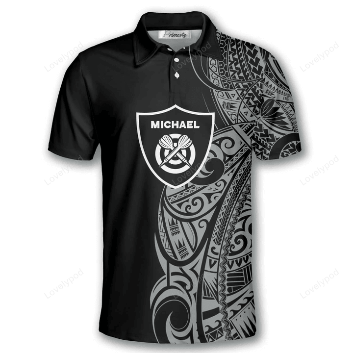Shield Black White Tribal Tattoo and Personalized Darts Button Polo