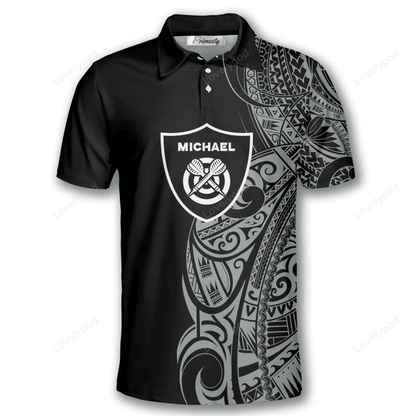 Shield Black White Tribal Tattoo and Personalized Darts Button Polo
