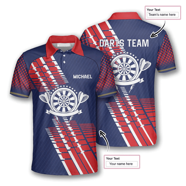 Blue Red Geometric Pattern and Personalized Darts Button Polo