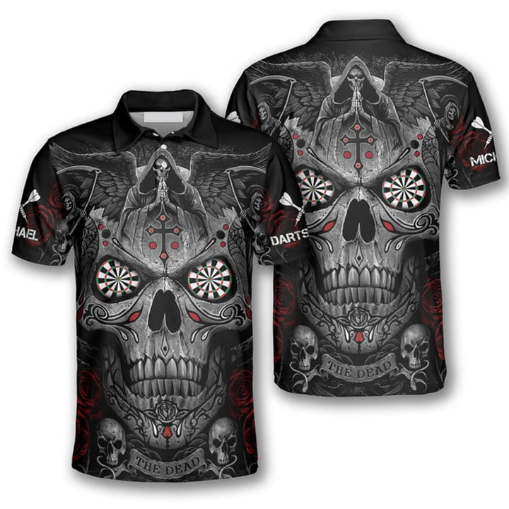 Grim Reaper Praying Cross Skull and Personalized Darts Button Polo