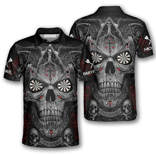 Grim Reaper Praying Cross Skull and Personalized Darts Button Polo