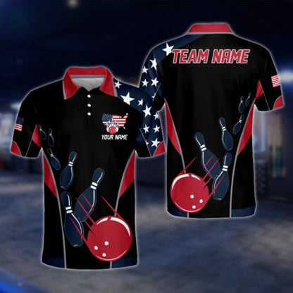 Custom USA Flag Blue Red Black Bowling Polo Shirt For Mens, Custom Team Patriot Bowling Shirts BO0332