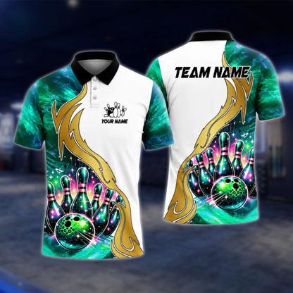 Custom Team Galaxy Pins And Ball Bowling Polo Shirt For Mens, Blue White Custom Bowling Team Shirts BZ0483