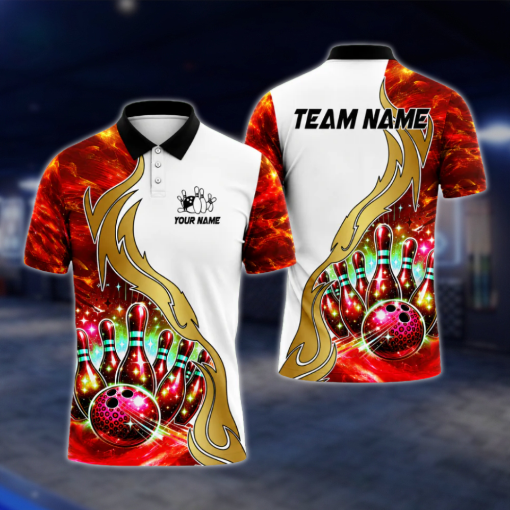 Custom Team Galaxy Pins And Ball Bowling Polo Shirt For Mens, Blue White Custom Bowling Team Shirts BZ0483