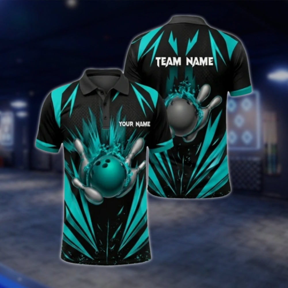 Black And Blue Custom Mens Team Bowling Polo Shirt, Custom Bowling Shirt For Team BZ0368