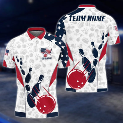 Custom USA Flag Blue Red Black Bowling Polo Shirt For Mens, Custom Team Patriot Bowling Shirts BO0332