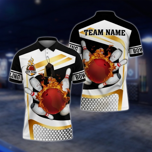 Personalized Fire Ball Men's Bowling Polo Shirt, Custom Flame Bowling Shirt For Team BZ0793