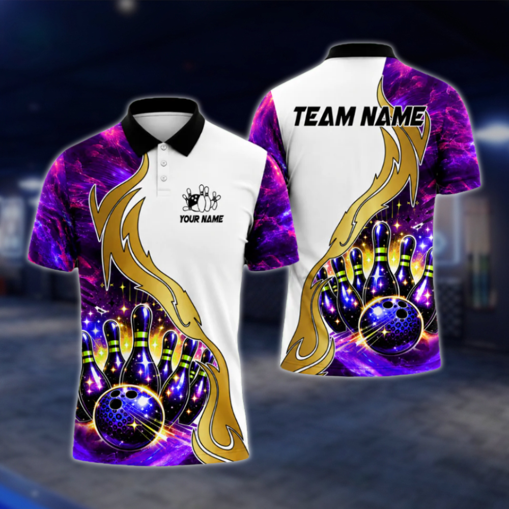Custom Team Galaxy Pins And Ball Bowling Polo Shirt For Mens, Blue White Custom Bowling Team Shirts BZ0483