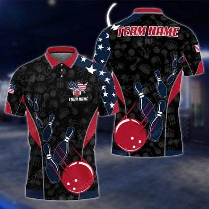 Custom USA Flag Blue Red Black Bowling Polo Shirt For Mens, Custom Team Patriot Bowling Shirts BO0332