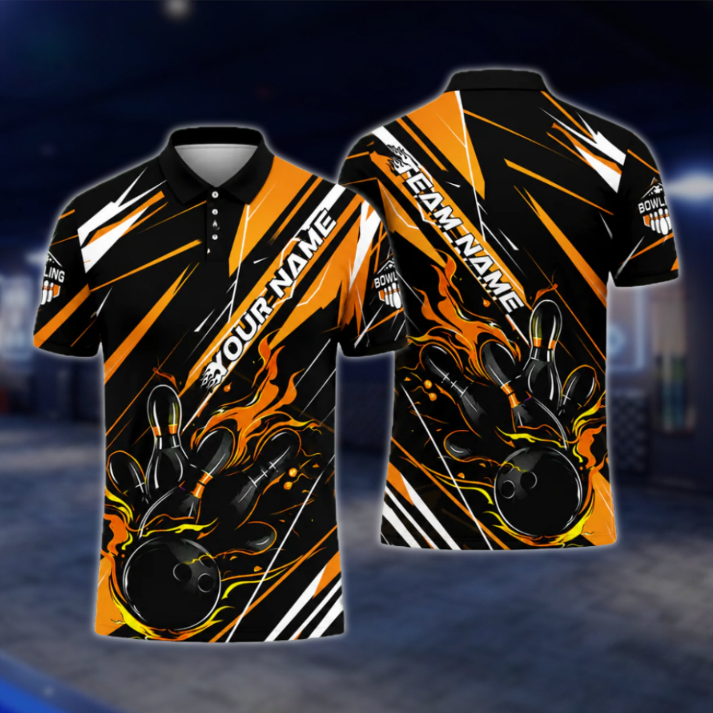 Custom Flame Orange Black Bowling Mens Polo Shirt, Custom Flame Bowling Team Shirts BZ0484