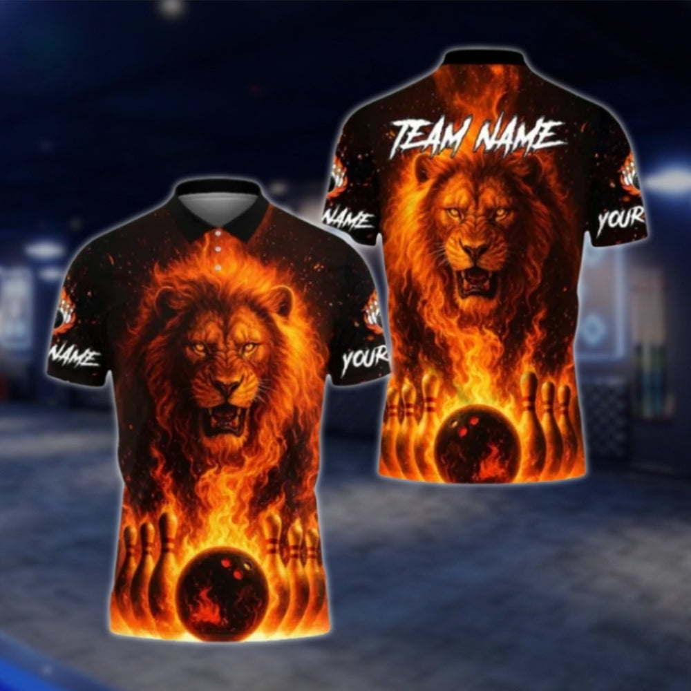 Lion Flame Custom Bowling Polo Shirt Mens, Custom Lion Bowling Shirts BE0167