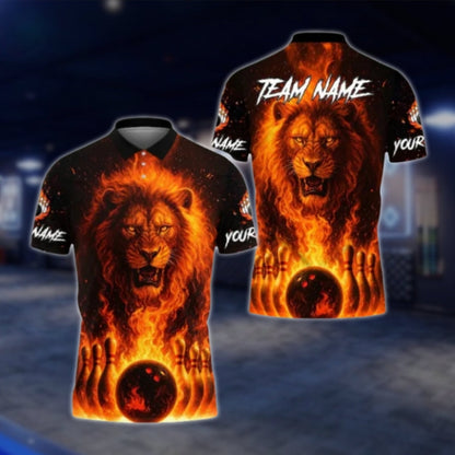 Lion Flame Custom Bowling Polo Shirt Mens, Custom Lion Bowling Shirts BE0167