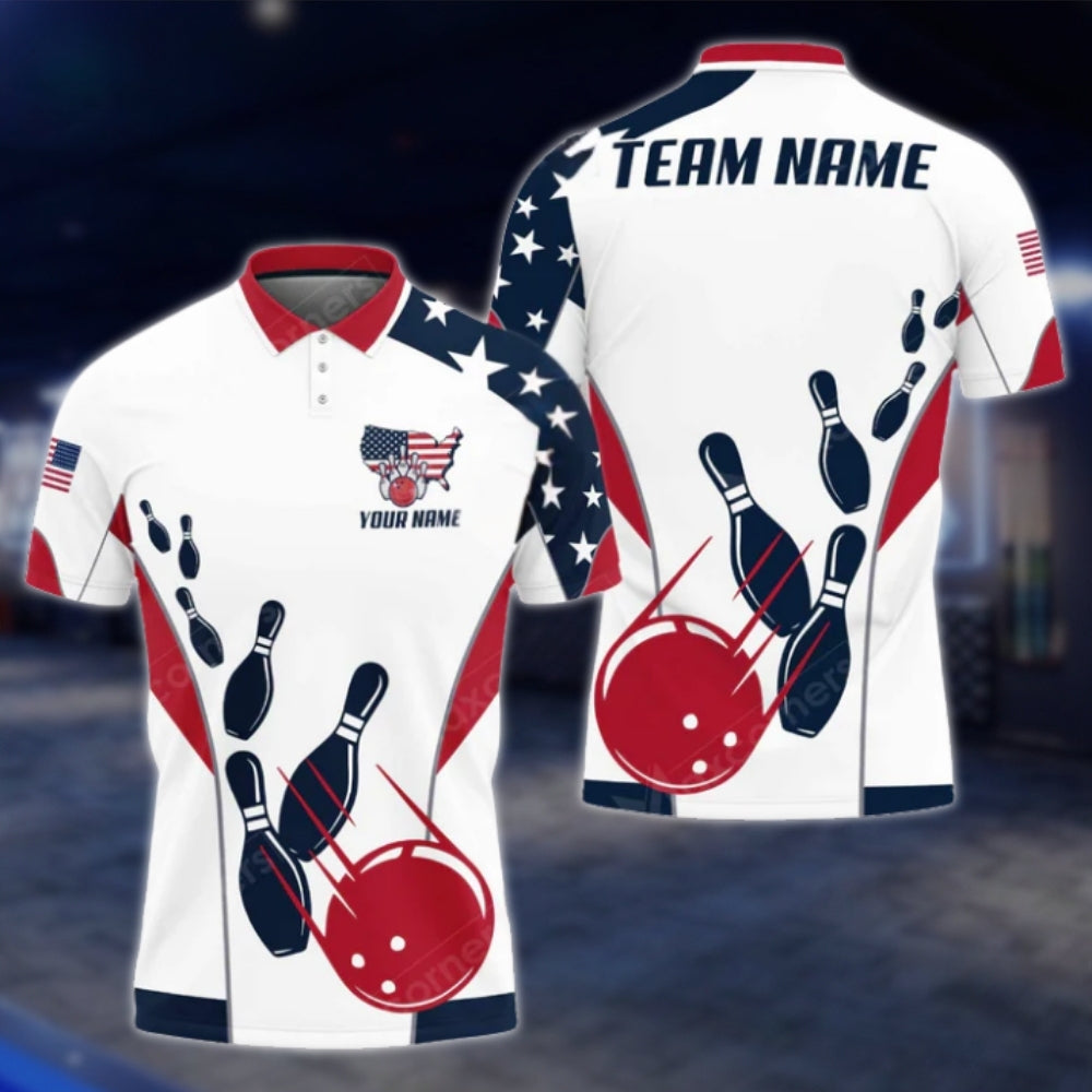 Custom USA Flag Blue Red Black Bowling Polo Shirt For Mens, Custom Team Patriot Bowling Shirts BO0332