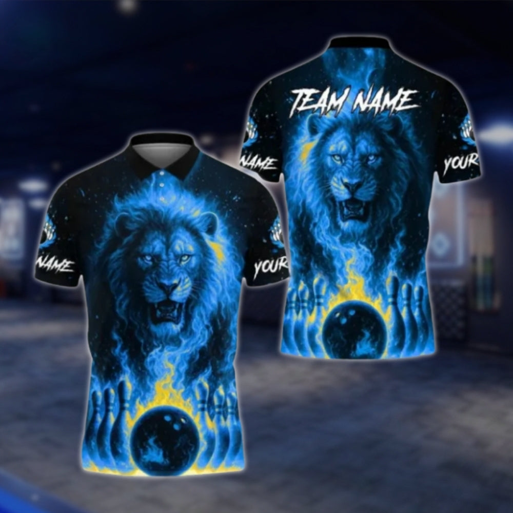 Lion Flame Custom Bowling Polo Shirt Mens, Custom Lion Bowling Shirts BE0167