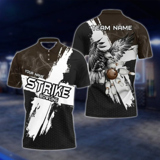 Ealge Strike Custom Black And White Bowling Mens Polo Shirts, Custom Eagle Bowling Team Shirts BO0412