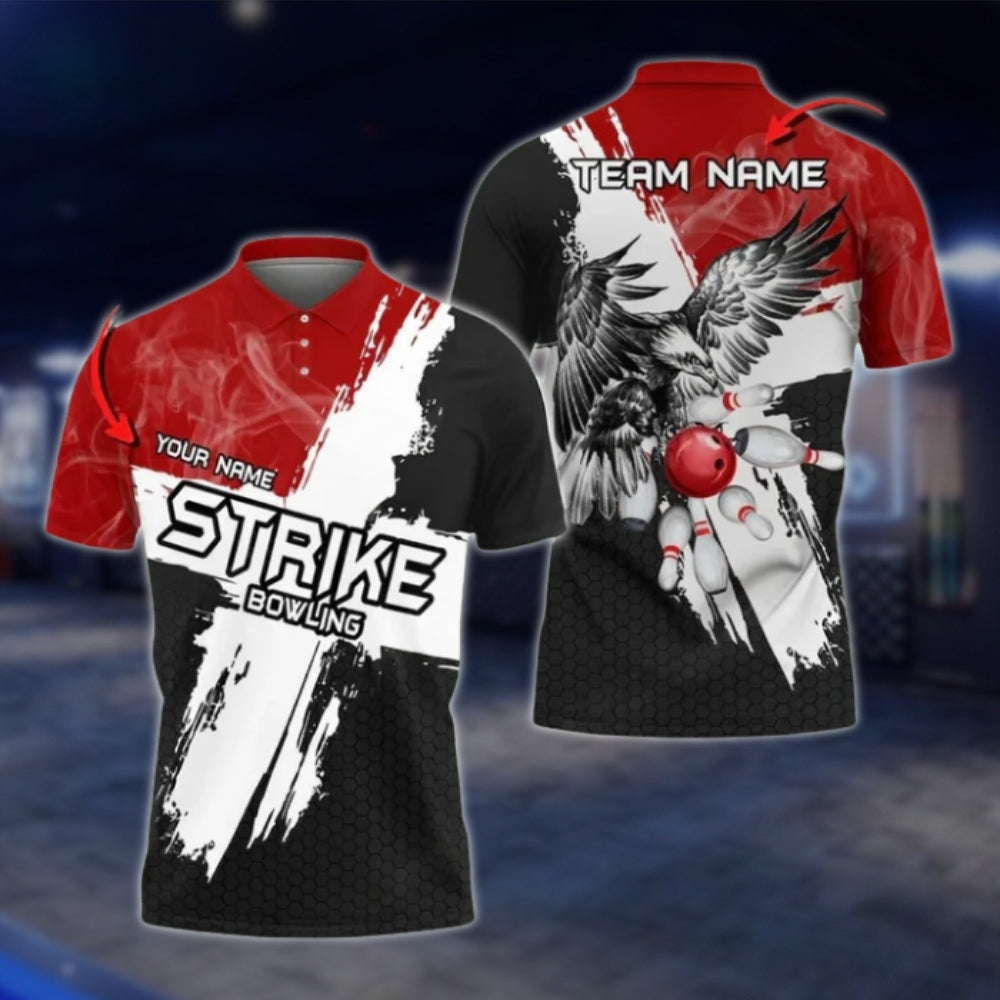 Ealge Strike Custom Black And White Bowling Mens Polo Shirts, Custom Eagle Bowling Team Shirts BO0412