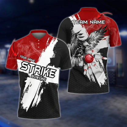 Ealge Strike Custom Black And White Bowling Mens Polo Shirts, Custom Eagle Bowling Team Shirts BO0412