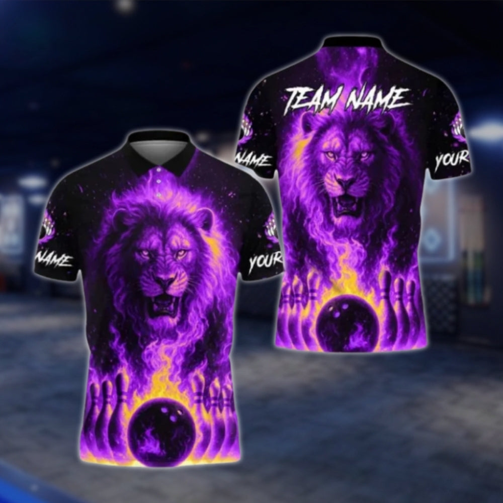 Lion Flame Custom Bowling Polo Shirt Mens, Custom Lion Bowling Shirts BE0167