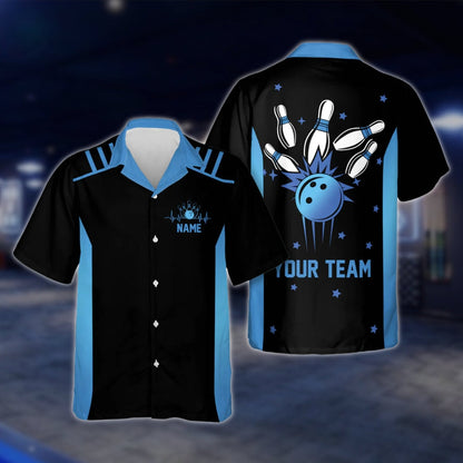 Custom Neon Blue Black Bowlng Hawaiian Shirt For Mens, Custom Team Bowling Shirts BE0017