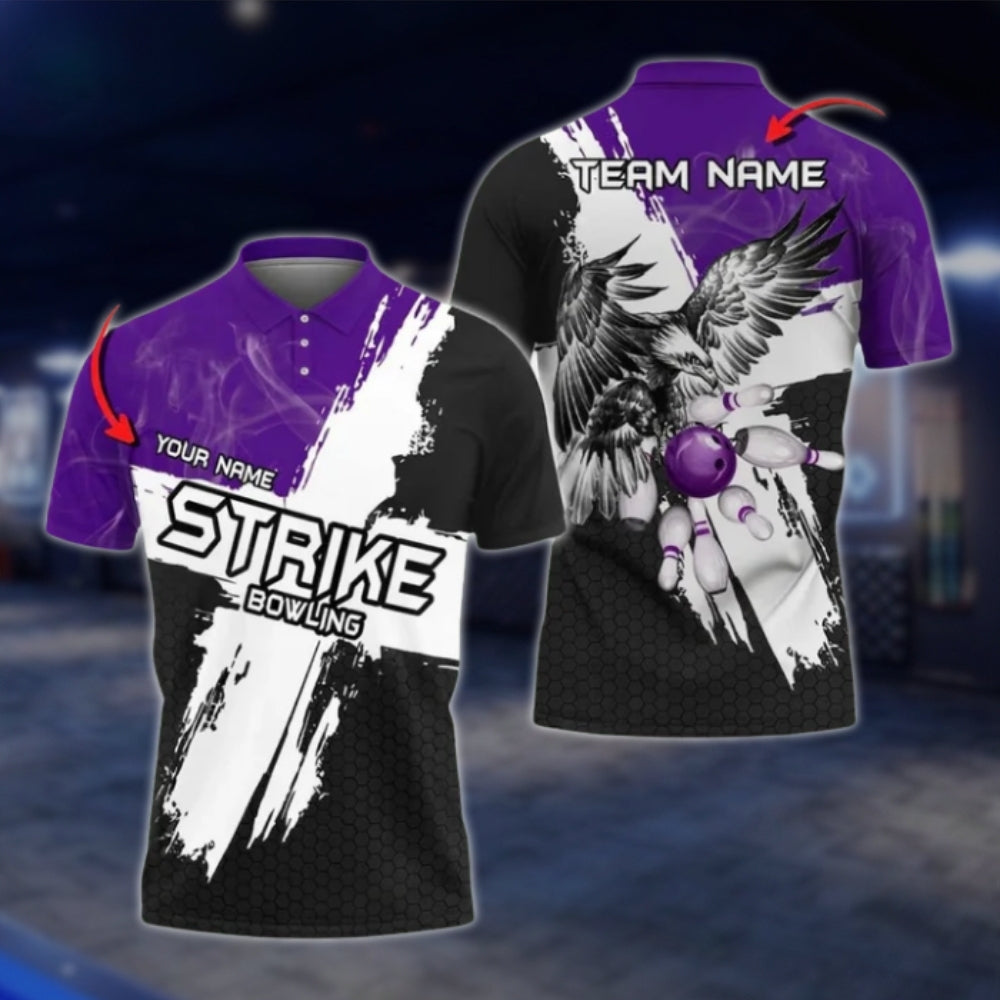 Ealge Strike Custom Black And White Bowling Mens Polo Shirts, Custom Eagle Bowling Team Shirts BO0412