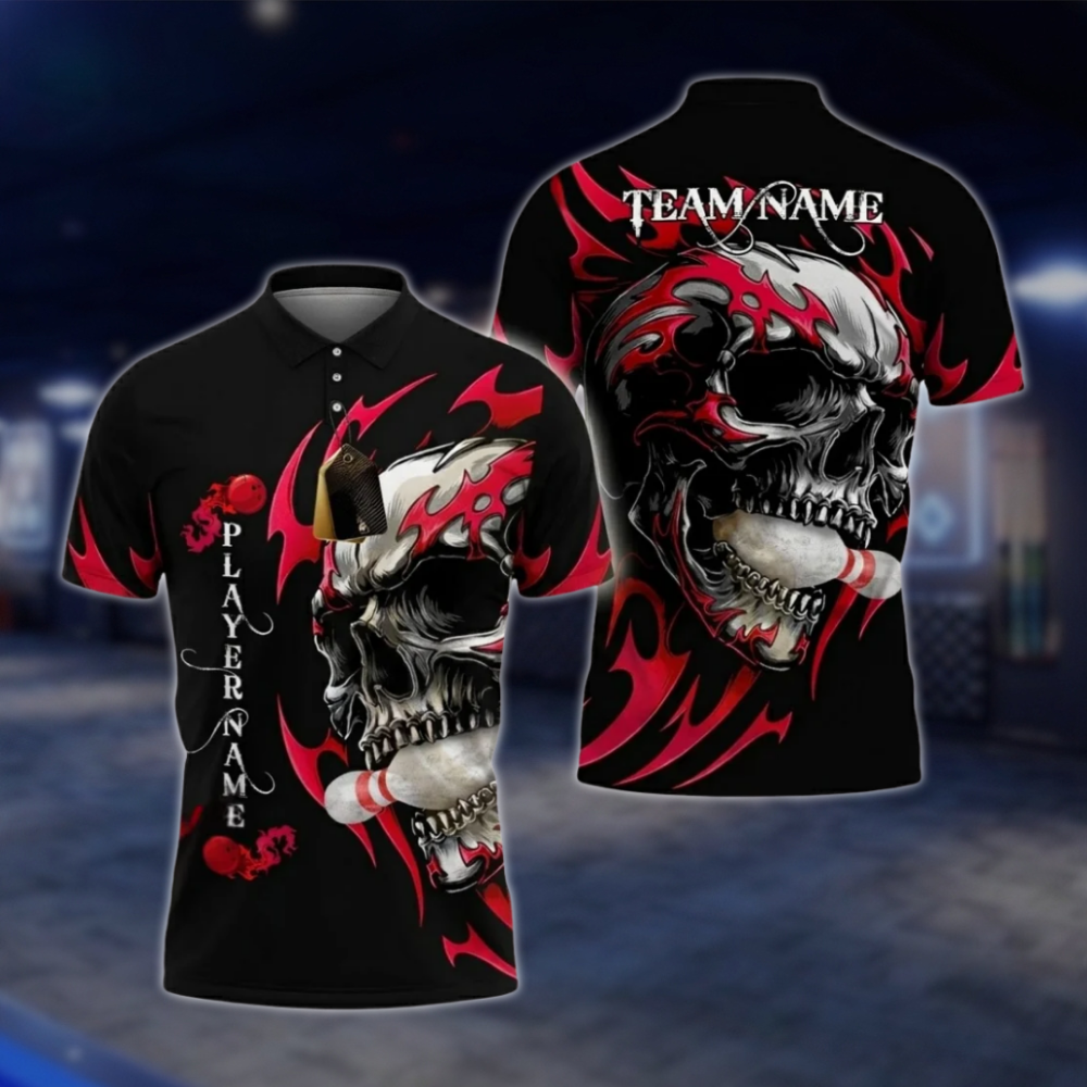 Personalized Skull Red Black Bowling Mens Polo Shirt, Custom Skull Bowling Shirt For Team BZ0795