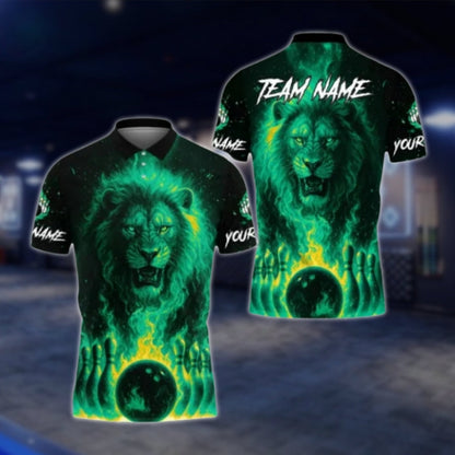 Lion Flame Custom Bowling Polo Shirt Mens, Custom Lion Bowling Shirts BE0167