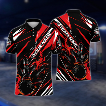 Custom Flame Orange Black Bowling Mens Polo Shirt, Custom Flame Bowling Team Shirts BZ0484