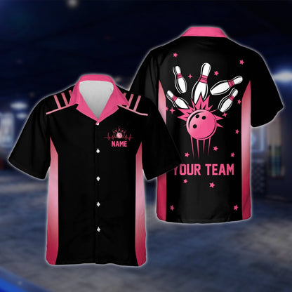 Custom Neon Blue Black Bowlng Hawaiian Shirt For Mens, Custom Team Bowling Shirts BE0017