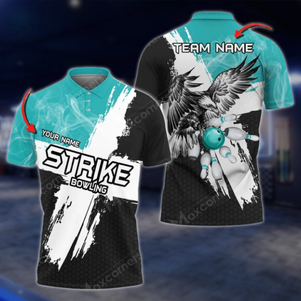 Ealge Strike Custom Black And White Bowling Mens Polo Shirts, Custom Eagle Bowling Team Shirts BO0412