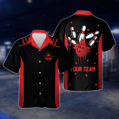 Custom Neon Blue Black Bowlng Hawaiian Shirt For Mens, Custom Team Bowling Shirts BE0017