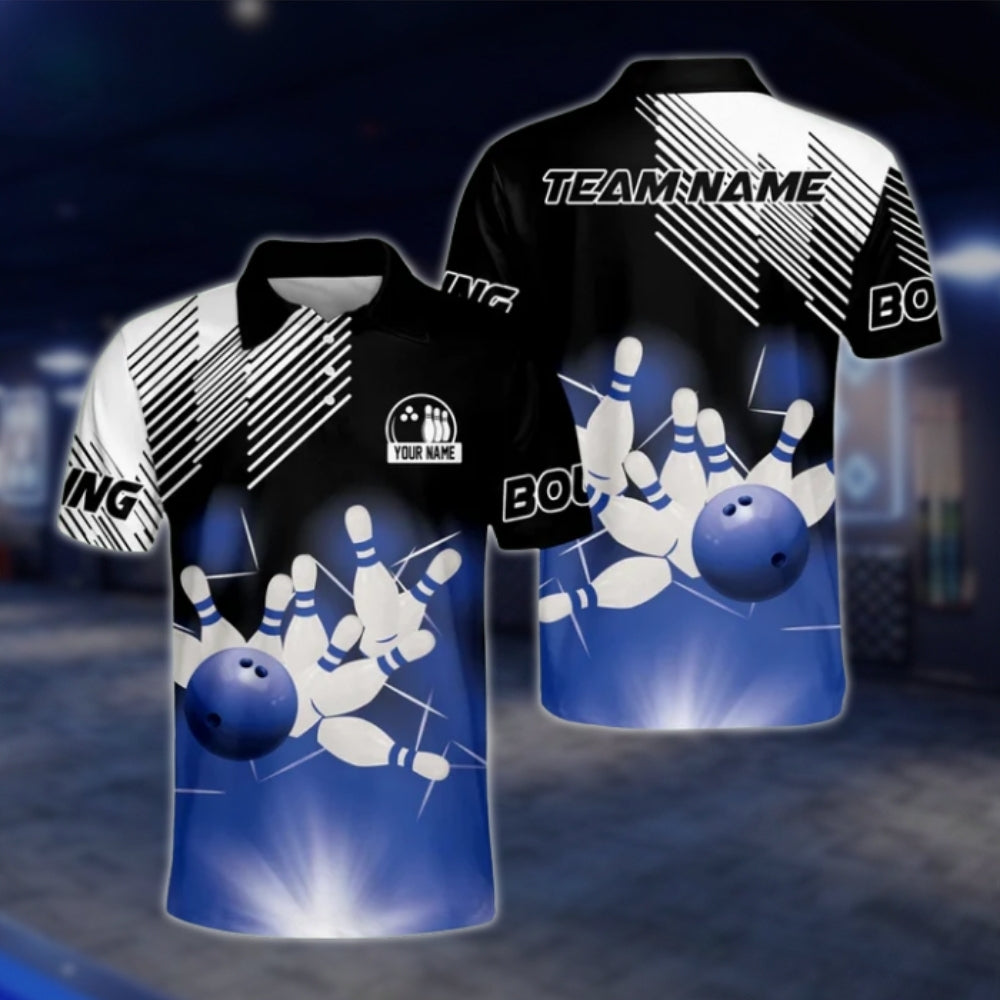 Custom Team Blue Black White Bowling Mens Polo Shirt, Custom Bowlong Shirts BZ0164