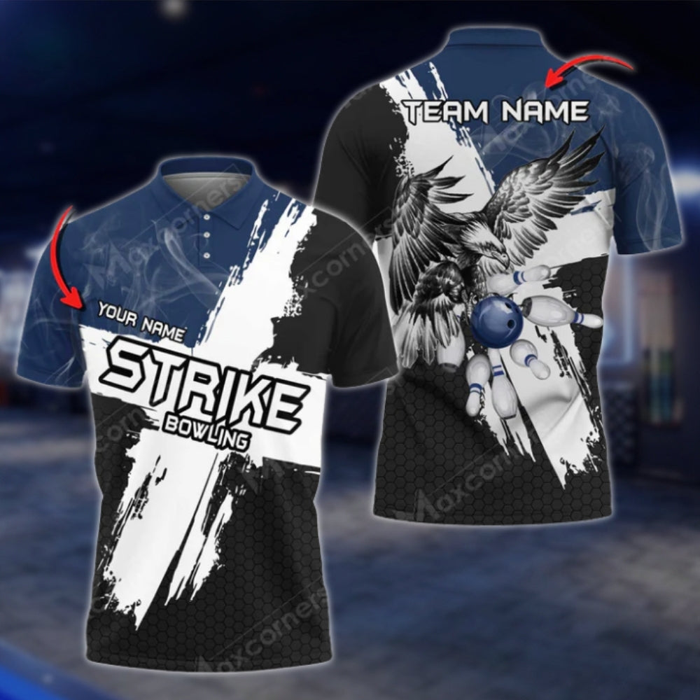 Ealge Strike Custom Black And White Bowling Mens Polo Shirts, Custom Eagle Bowling Team Shirts BO0412