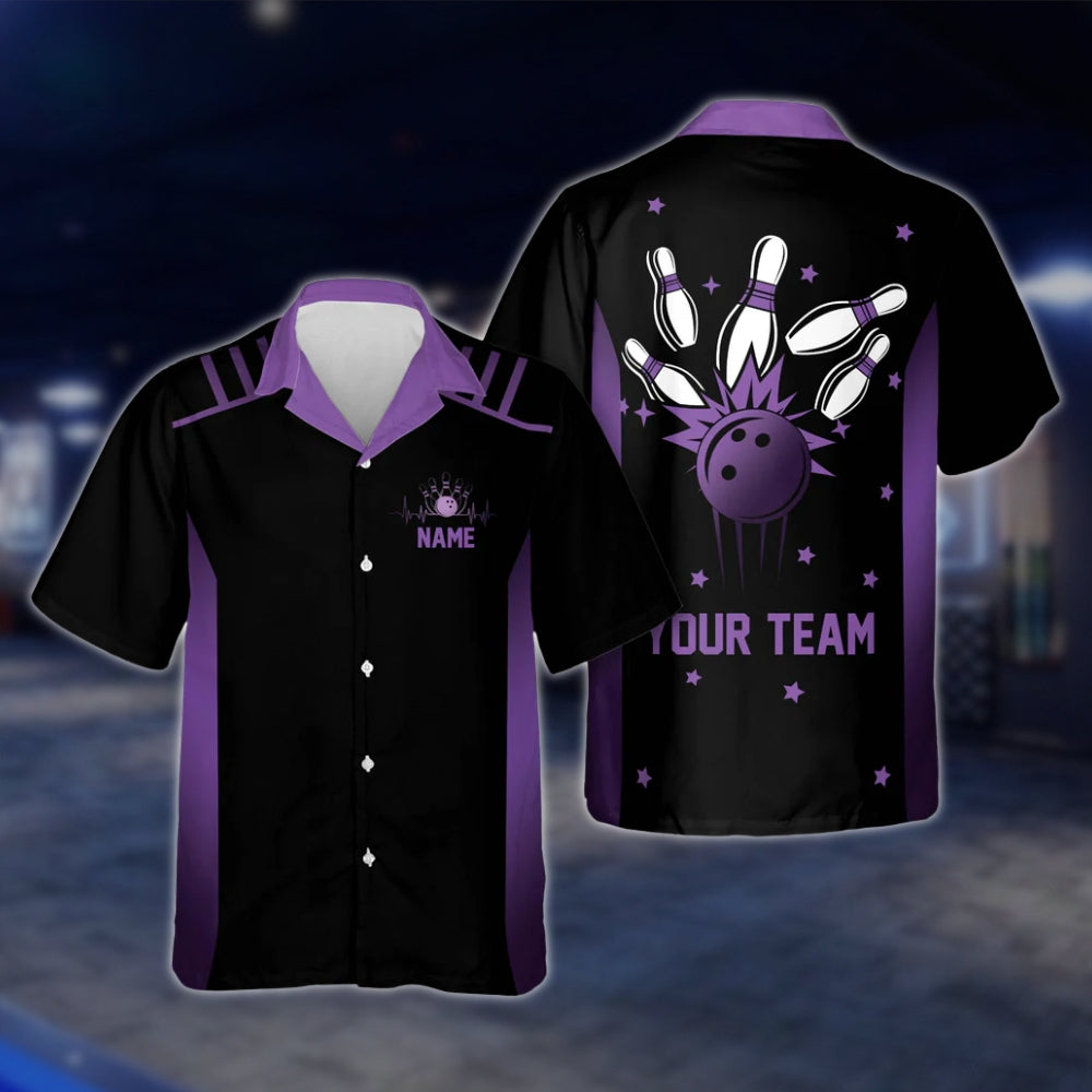 Custom Neon Blue Black Bowlng Hawaiian Shirt For Mens, Custom Team Bowling Shirts BE0017