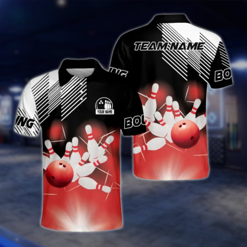 Custom Team Blue Black White Bowling Mens Polo Shirt, Custom Bowlong Shirts BZ0164