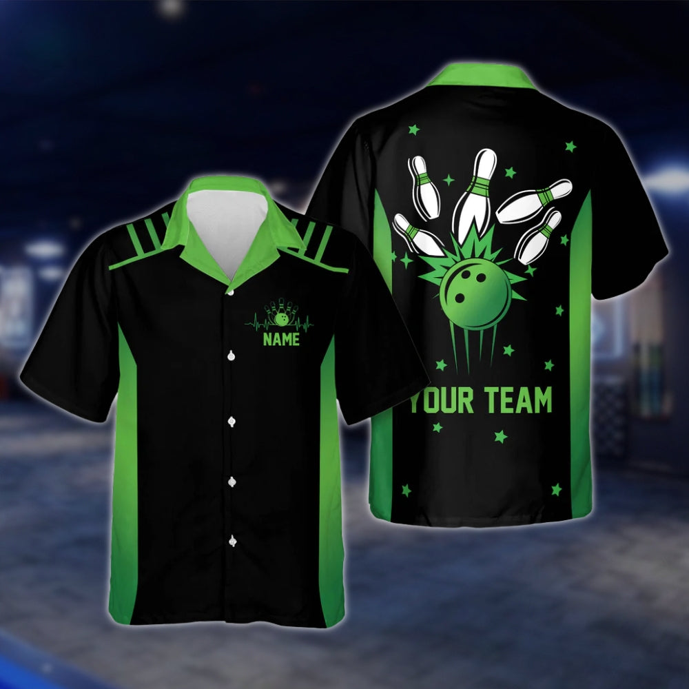 Custom Neon Blue Black Bowlng Hawaiian Shirt For Mens, Custom Team Bowling Shirts BE0017