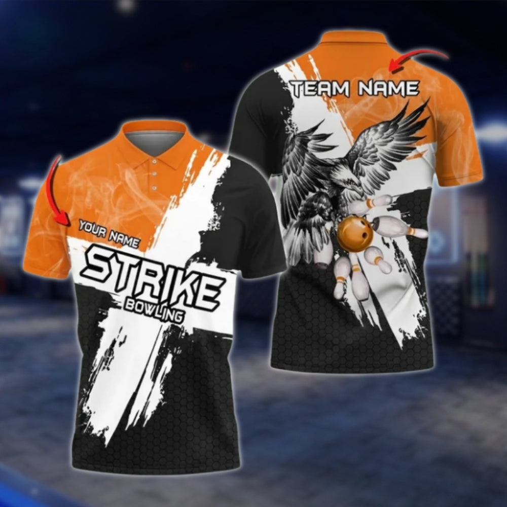 Ealge Strike Custom Black And White Bowling Mens Polo Shirts, Custom Eagle Bowling Team Shirts BO0412