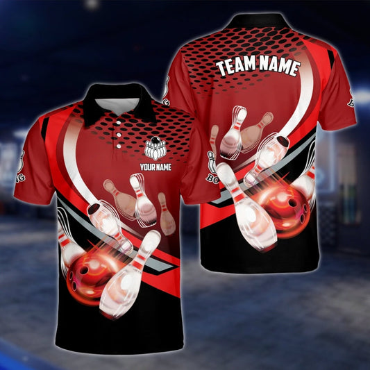 Men's Custom Team Red Black Bowling Polo Shirt, Custom Bowling Shirts For Team BZ0125
