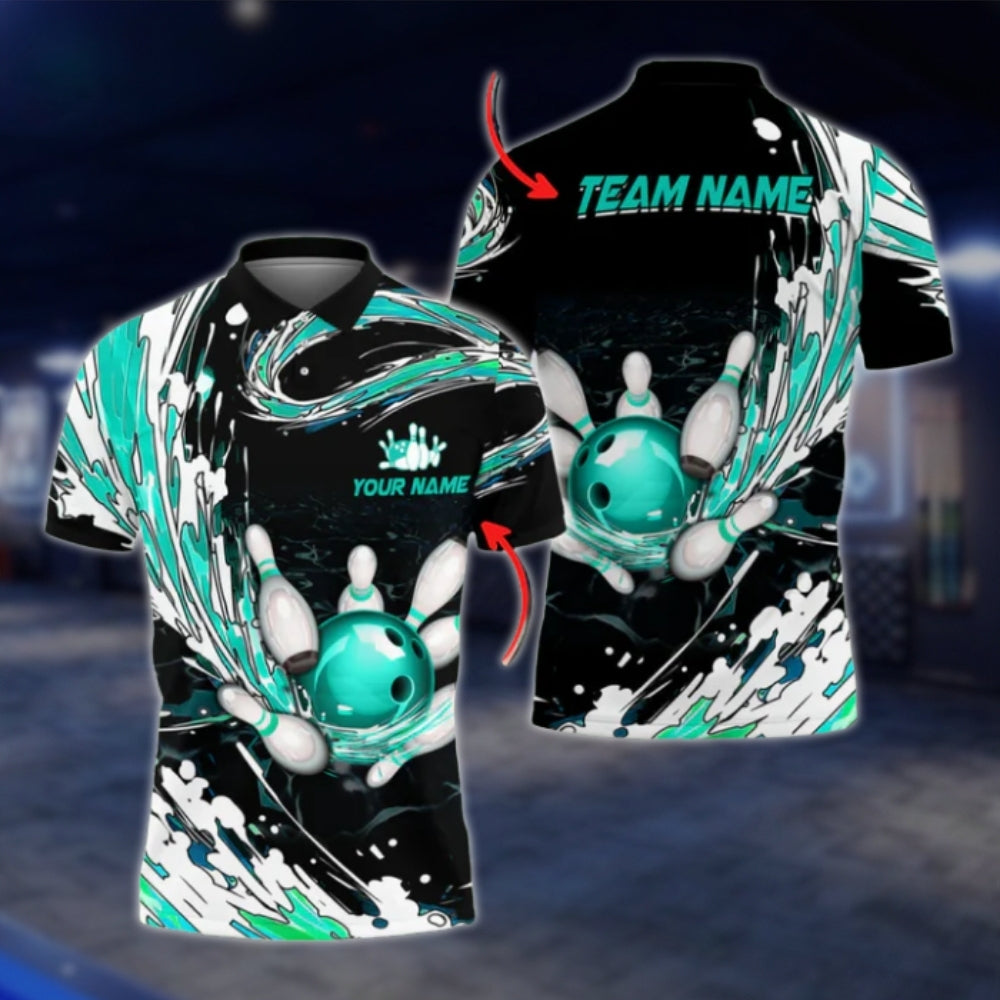 Custom Flame Blue White Black Bowling Mens Polo Shirt, Custom Flame Bowling Team Shirts BO0206