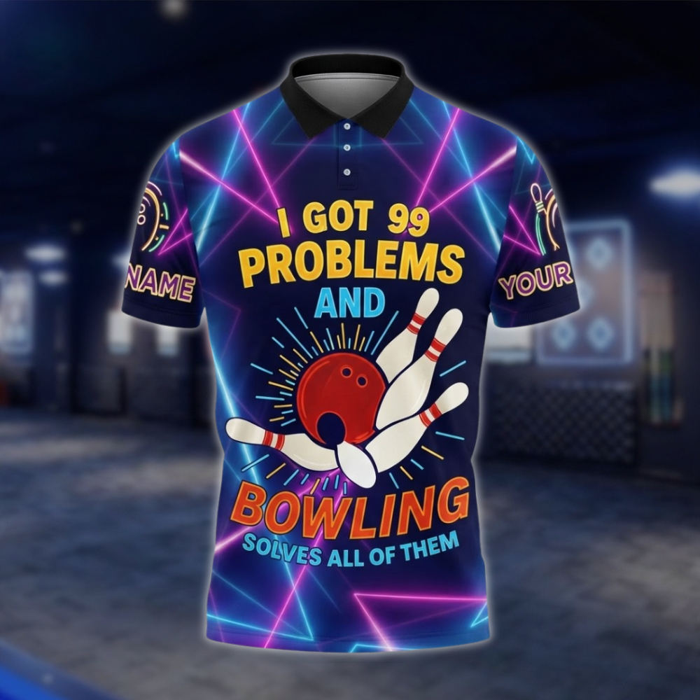 Personalized I Got 99 Problems And Bowling Solves All Of Them Mens Neon Bowling Polo Shirt, Custom Funny Bowling Team Shirt BZ0755