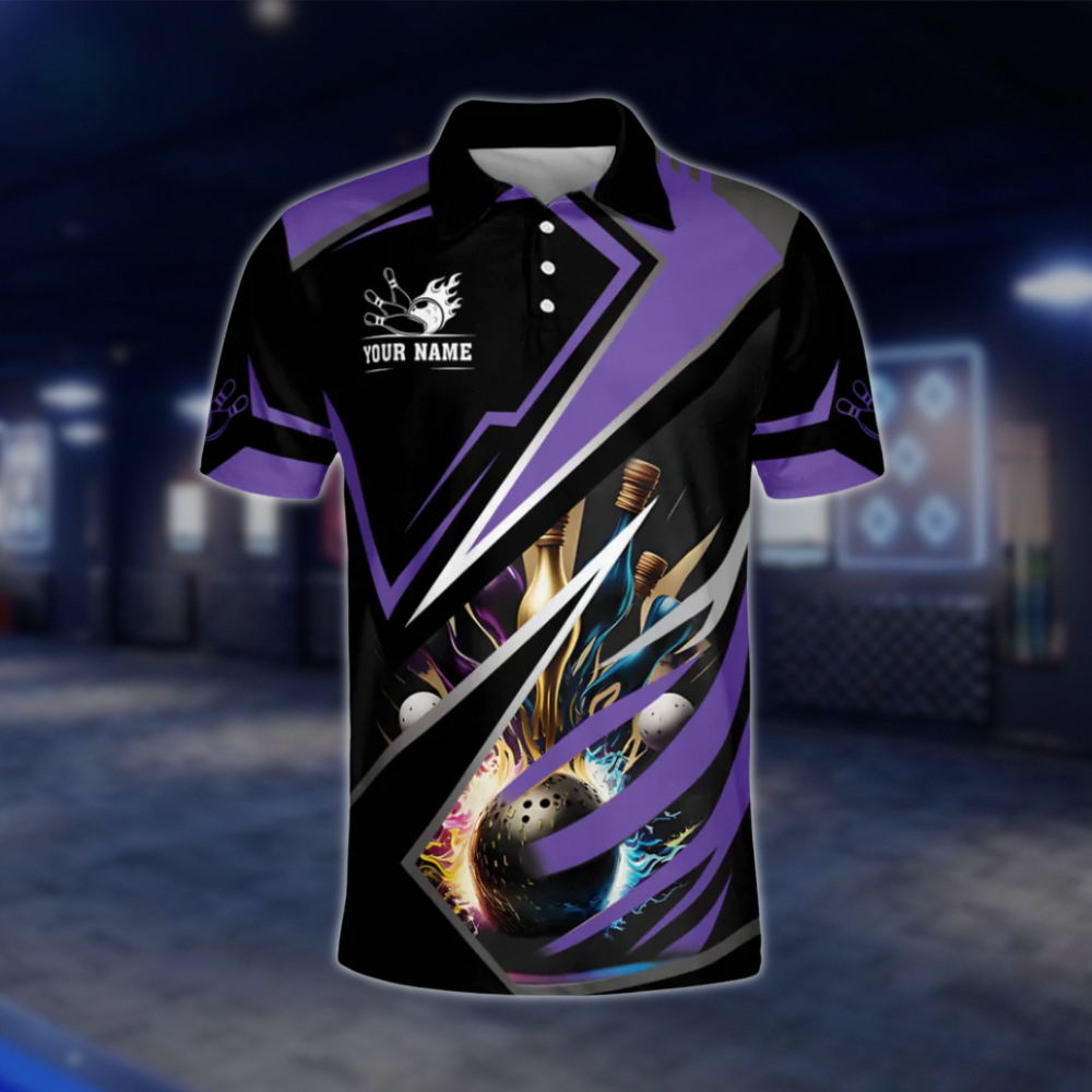 Personalized Black Purple Polo Bowling Team Shirts Mens, Custom Bowling Shirts Team BZ0024