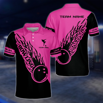 Personalized Blue Black Flame Ball Polo Bowling Team Shirts Men, Custom Team Flame Bowling Shirts BZ0224