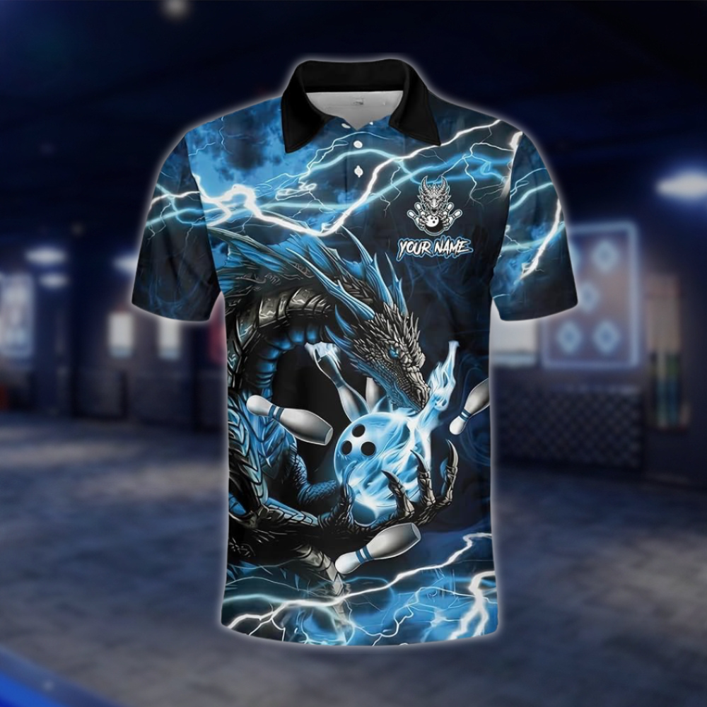 Personalized Dragon Men's Blue Thunder Bowling Polo Shirt, Custom Dragon Bowling Shirt Team BZ0921